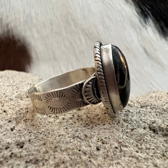 Hand Crafted Jewelry - ❤️ Black Jack Turquoise Sterling Stamped 5mm Band Size 7 Navajo Style Ring 6.7G